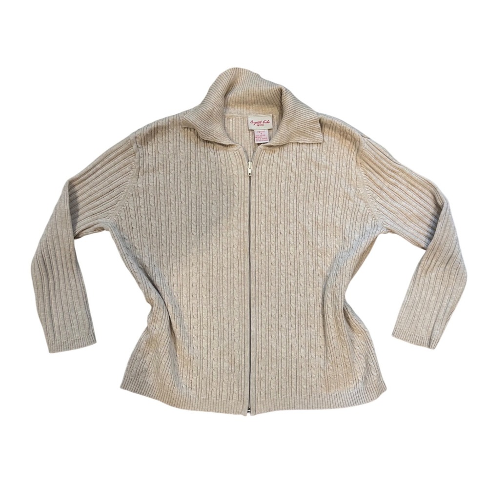 Y2K biege cotton cable knit longsleeve zip‎ up collard sweater cardigan S